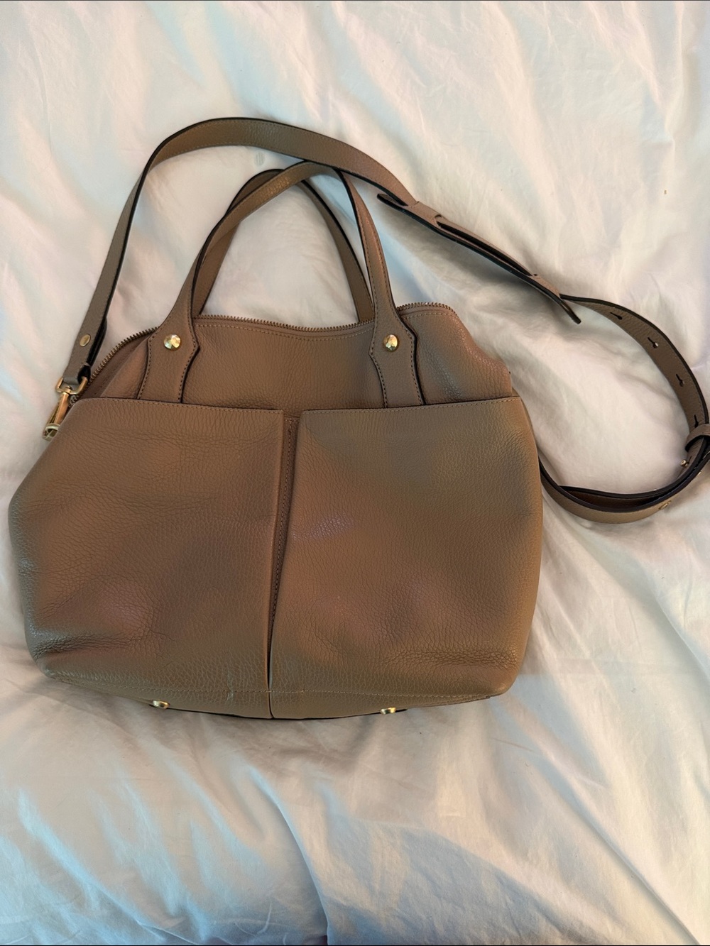 Annabel Ingall Taupe Pebbled Leather Shoulder Bag with Adjustable Strap